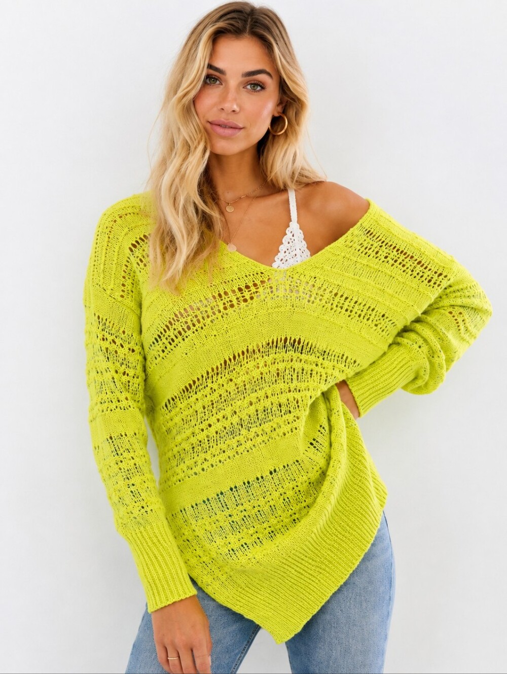 ❤️ FREE PEOPLE HOT TROPICS V NECK TUNIC SWEATER IN LIMELIGHT, MEDIUM